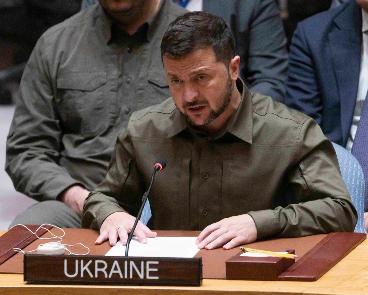 Президент Украины Владимир Зеленский выступает на Генеральной ассамблее ООН, 20 сентября 2023 года. Фото: EPA-EFE / JUSTIN LANE 