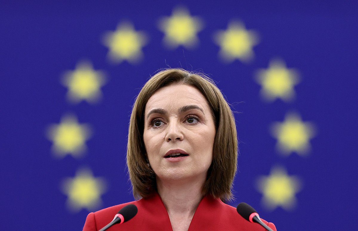 Президент Республики Молдова Майя Санду выступает с речью в Европейском парламенте в Страсбурге, Франция, 9 сентября 2025 года. Фото: Ronald Wittek / EPA