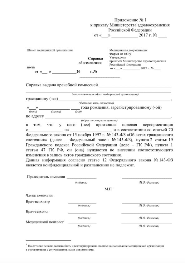 Справка об изменении пола. Иисточник: Гарант