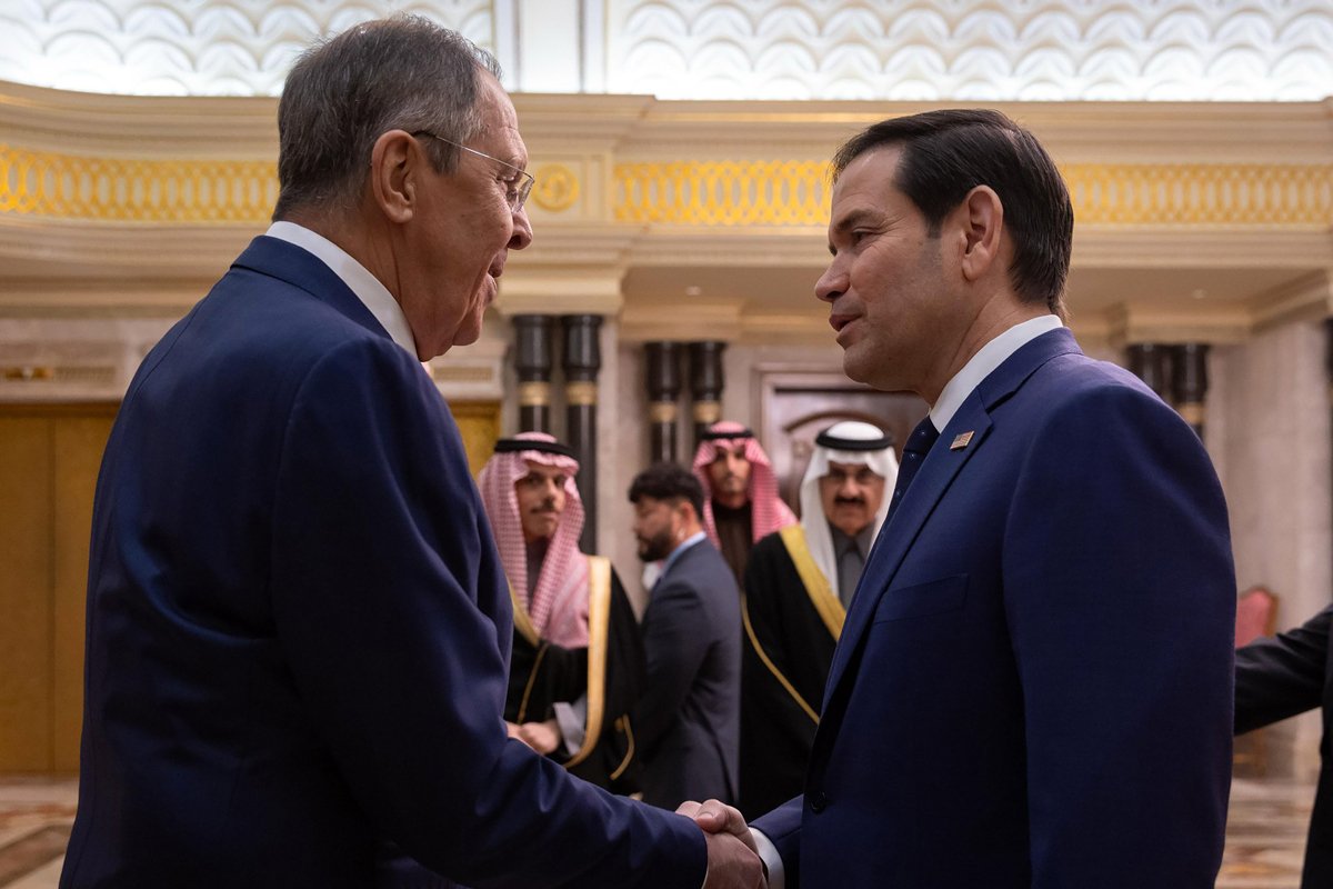 Госсекретарь США Марко Рубио и Сергей Лавров на встрече в Эр-Рияд, Саудовская Аравия, 18 февраля 2025 года. Фото: Saudi Arabia Foreign Ministry / UPI / Shutterstock / Rex Features / Vida Press